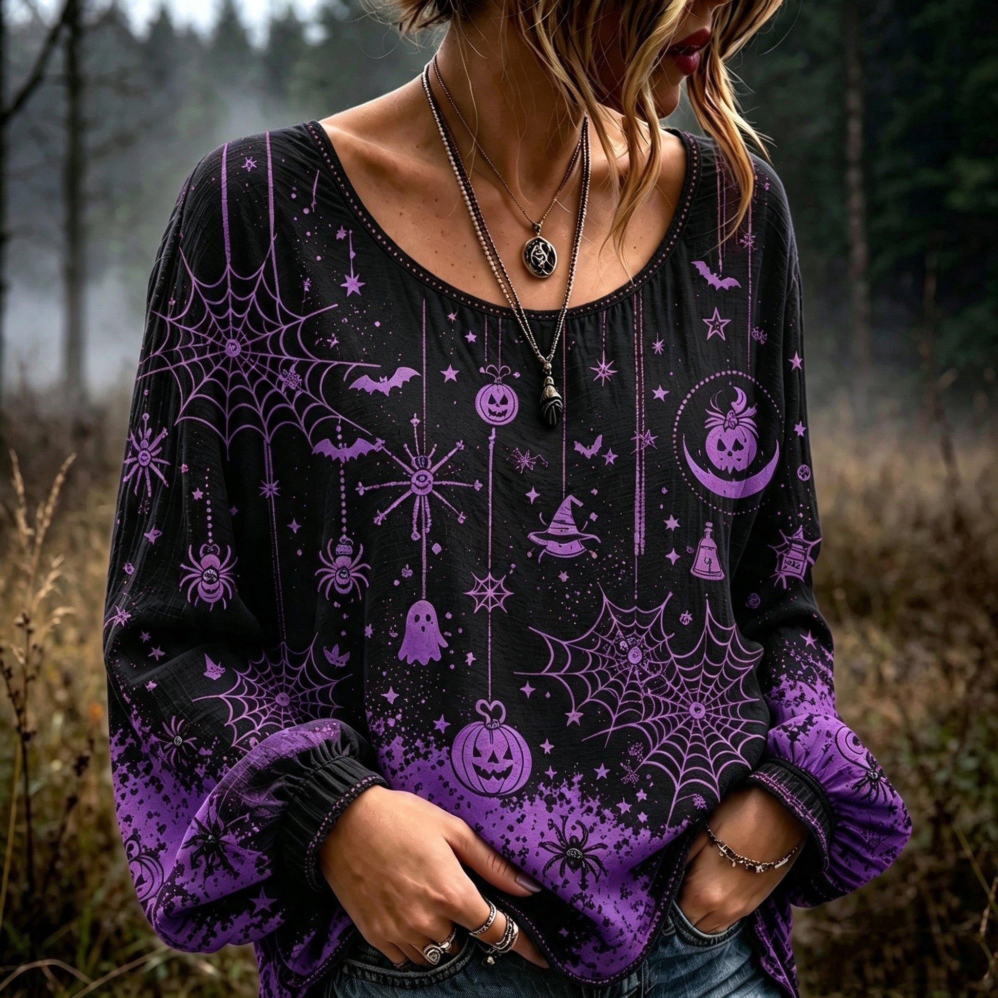 Women's Halloween-themed Spiderweb And Pumpkin Embroidered Print Top