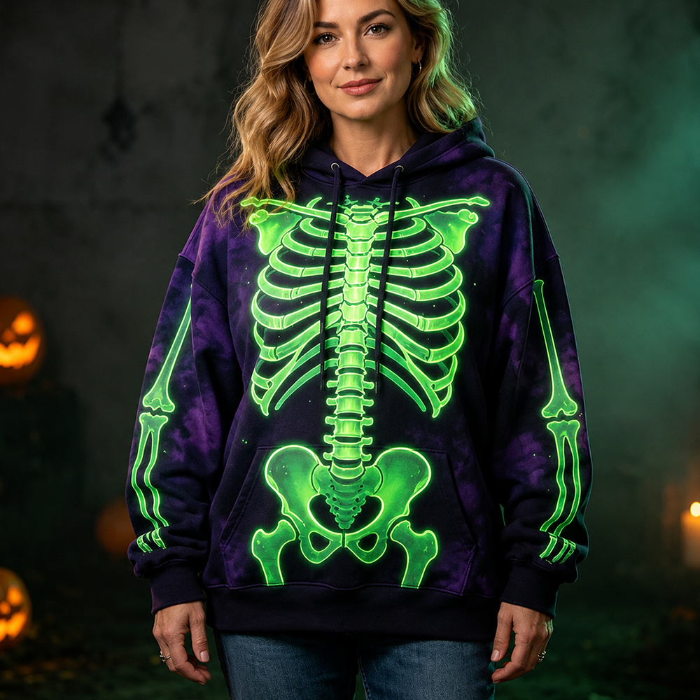 Women's Glow-in-the-dark Skeleton Bone Graphic Print Casual Hoodie Sweatshirt