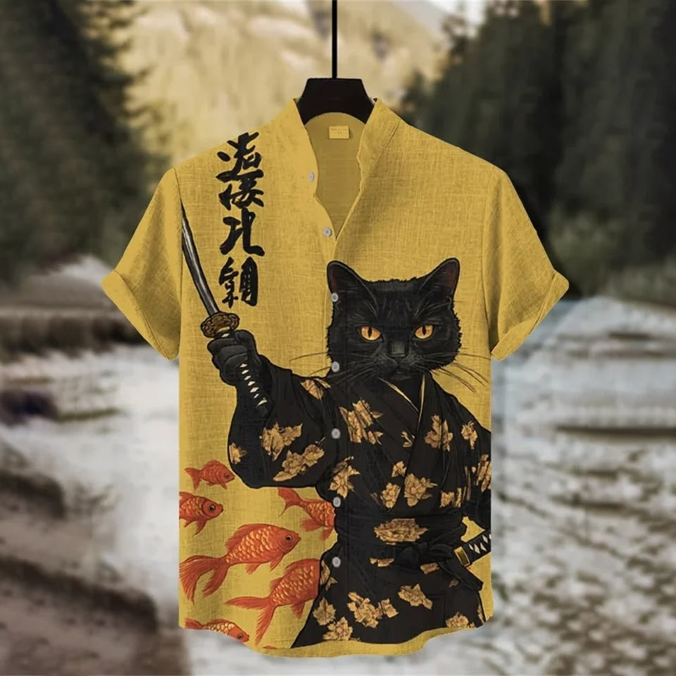 Vintage Japanese Cat Art Print Casual Cotton Linen Shirt