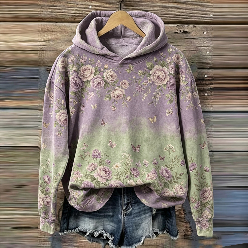 Women's Vintage Rose And Butterfly Art Gradient Casual Hoodie