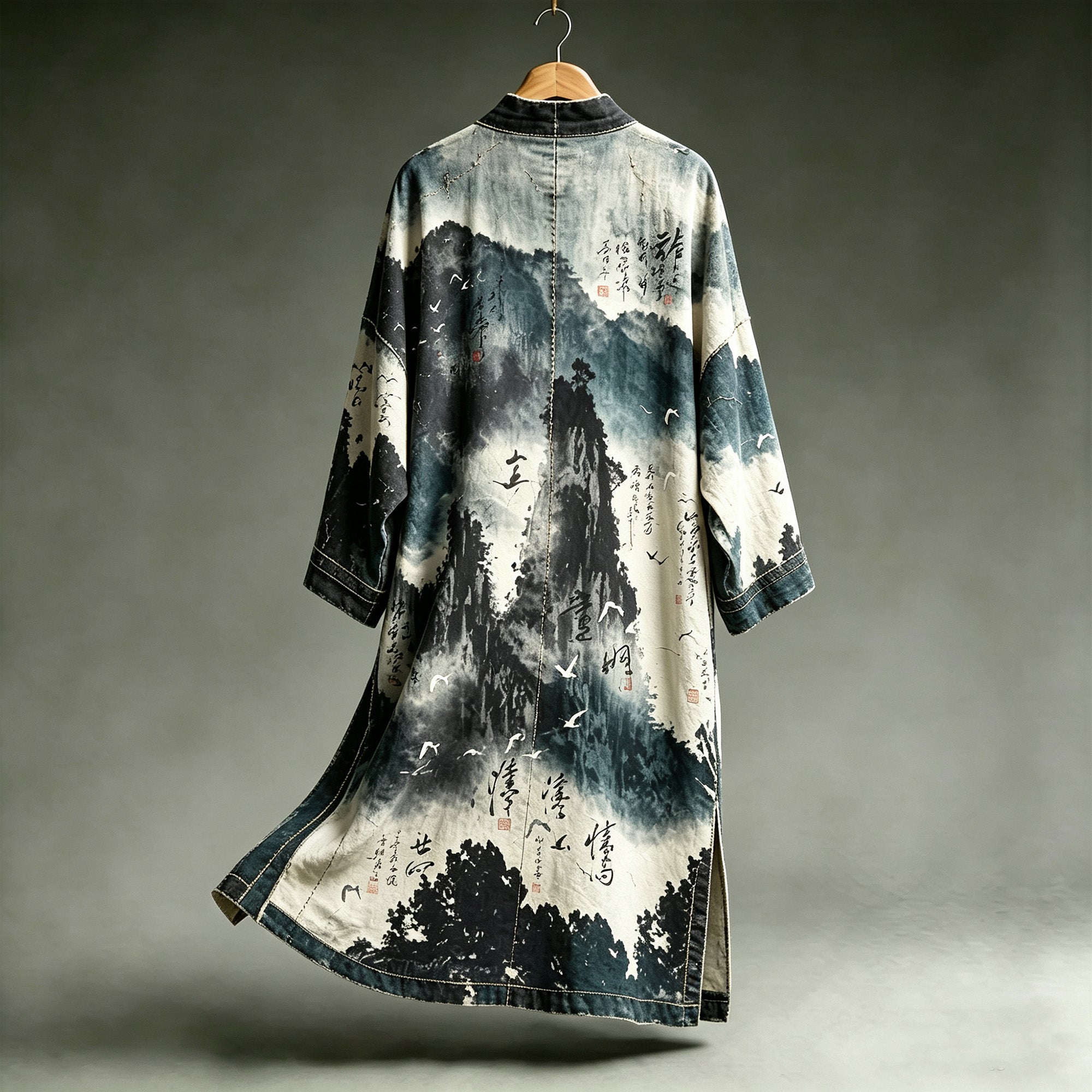 Vintage Chinese Ink Mountain Calligraphy Linen Long Kimono Cardigan