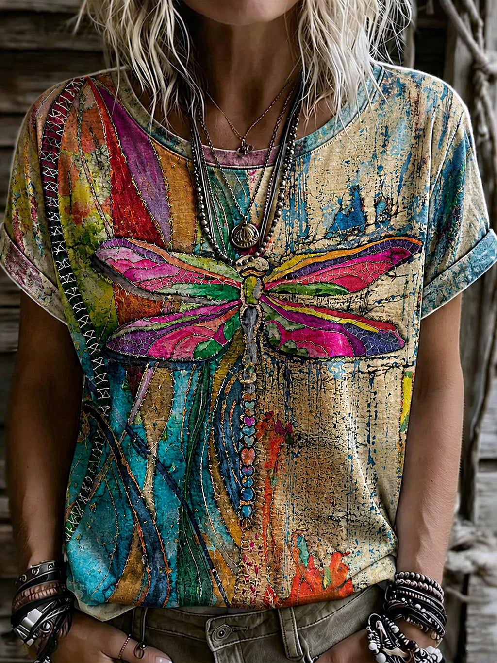 Women's Retro Hippie Style Dragonfly Patchwork Print T-shirt