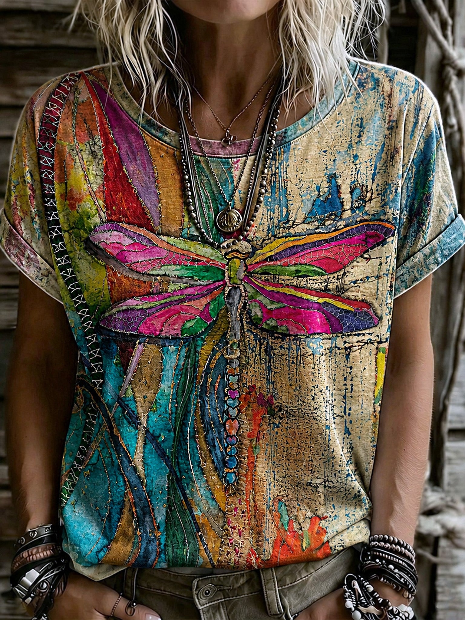 Women's Retro Hippie Style Dragonfly Patchwork Print T-shirt