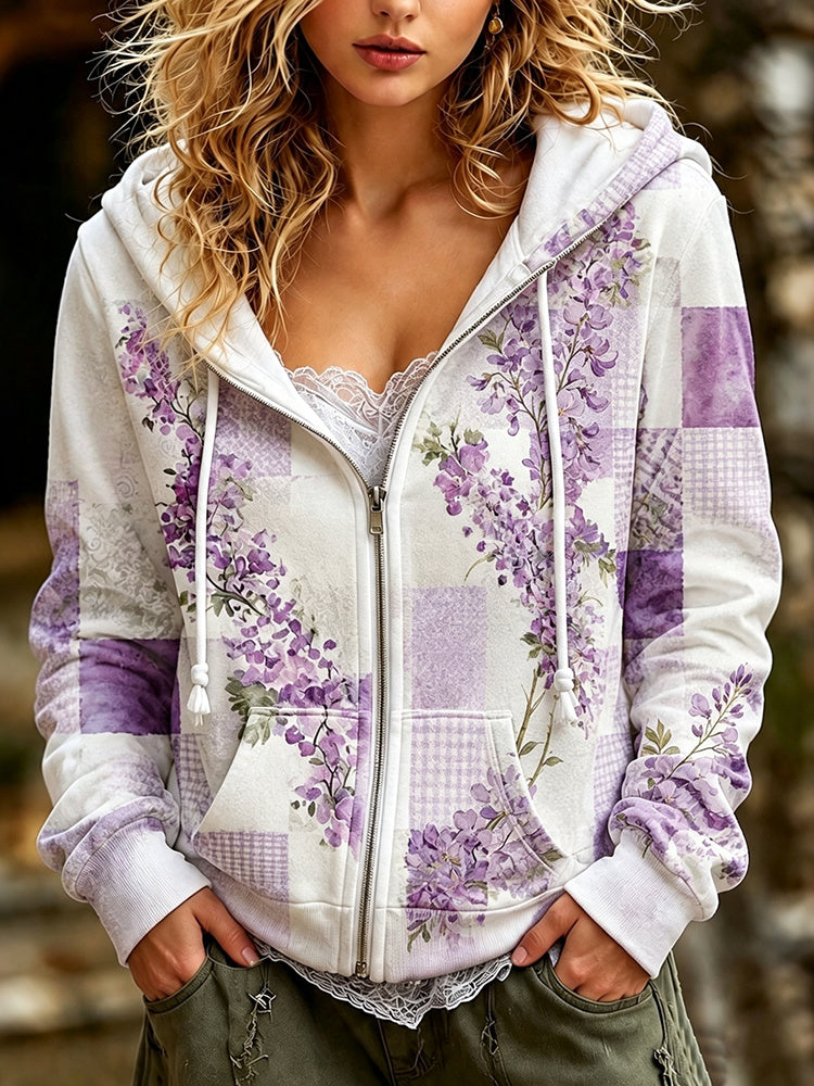 Women's Retro Bohemian Floral Patchwork Print Casual Zipper Hooded