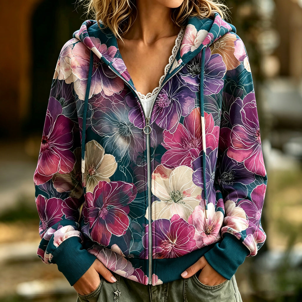 Women's Retro Floral Art Print Zipper Hoodie