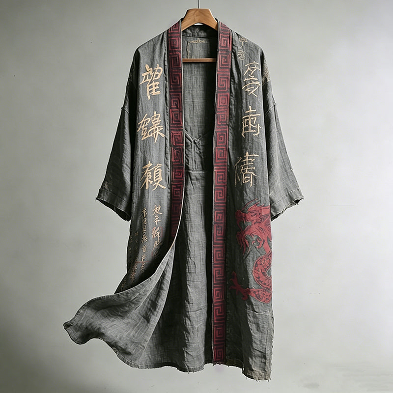 Men's Japanese Dragon Pattern Calligraphy And Painting Art Linen Long Kimono