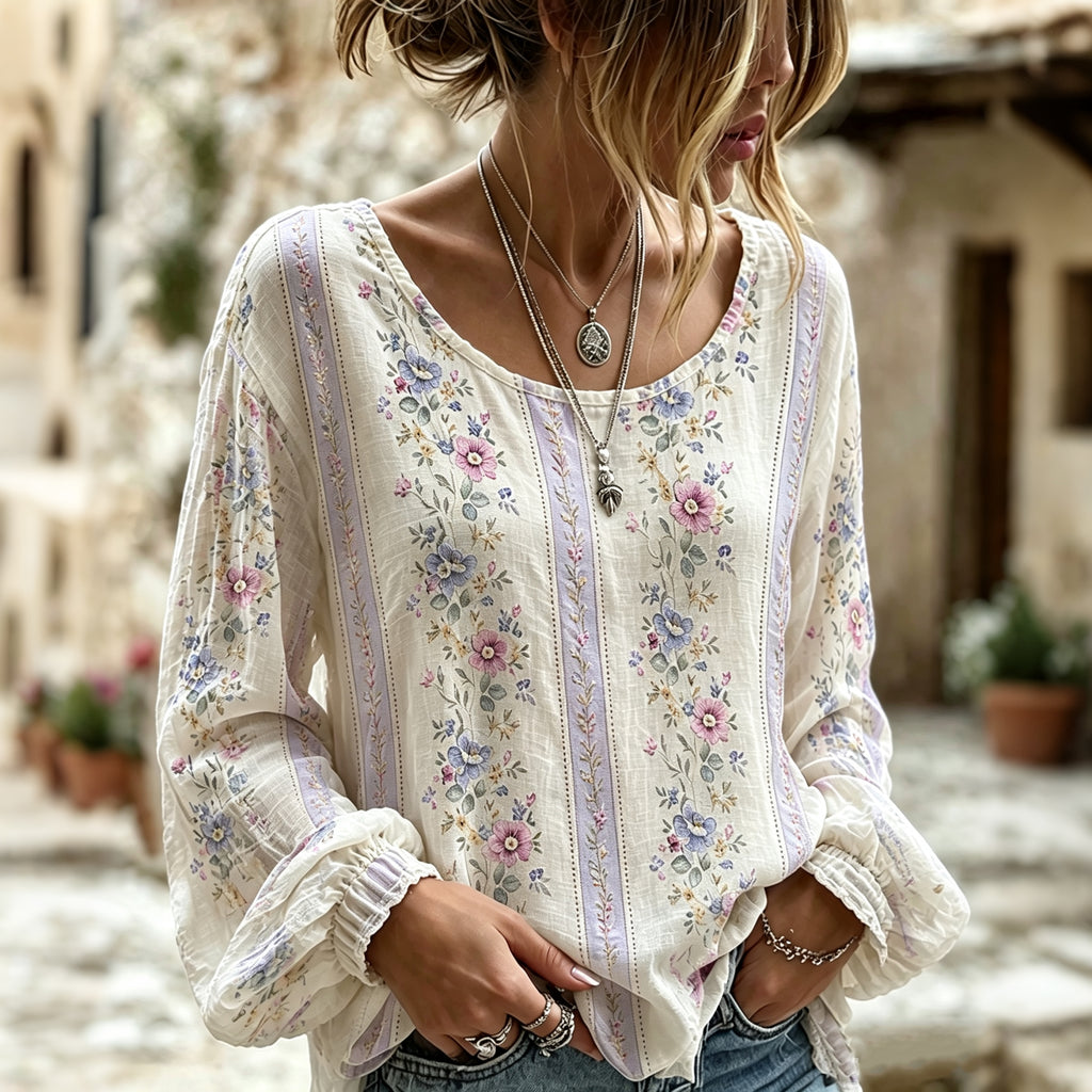 Women's Retro Floral Casual Crew Neck Cotton Linen T-shirt