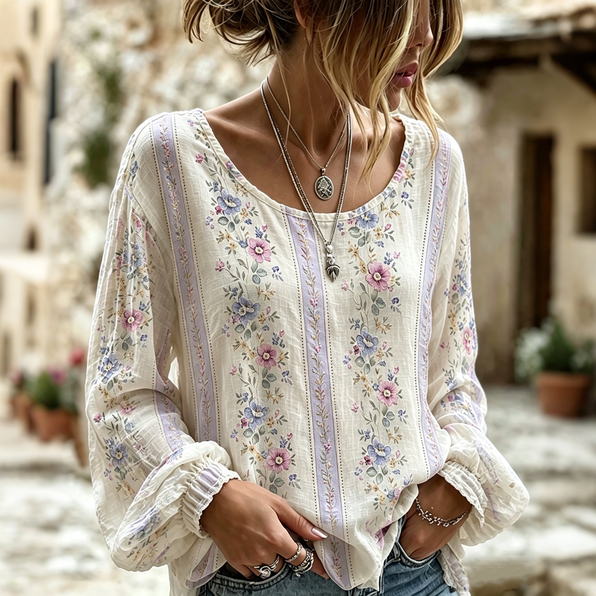 Women's Retro Floral Casual Crew Neck Cotton Linen T-shirt