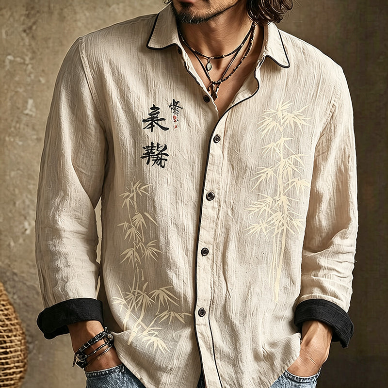 Men's Retro Japanese Bamboo And Calligraphy Art Pattern Casual Shirt