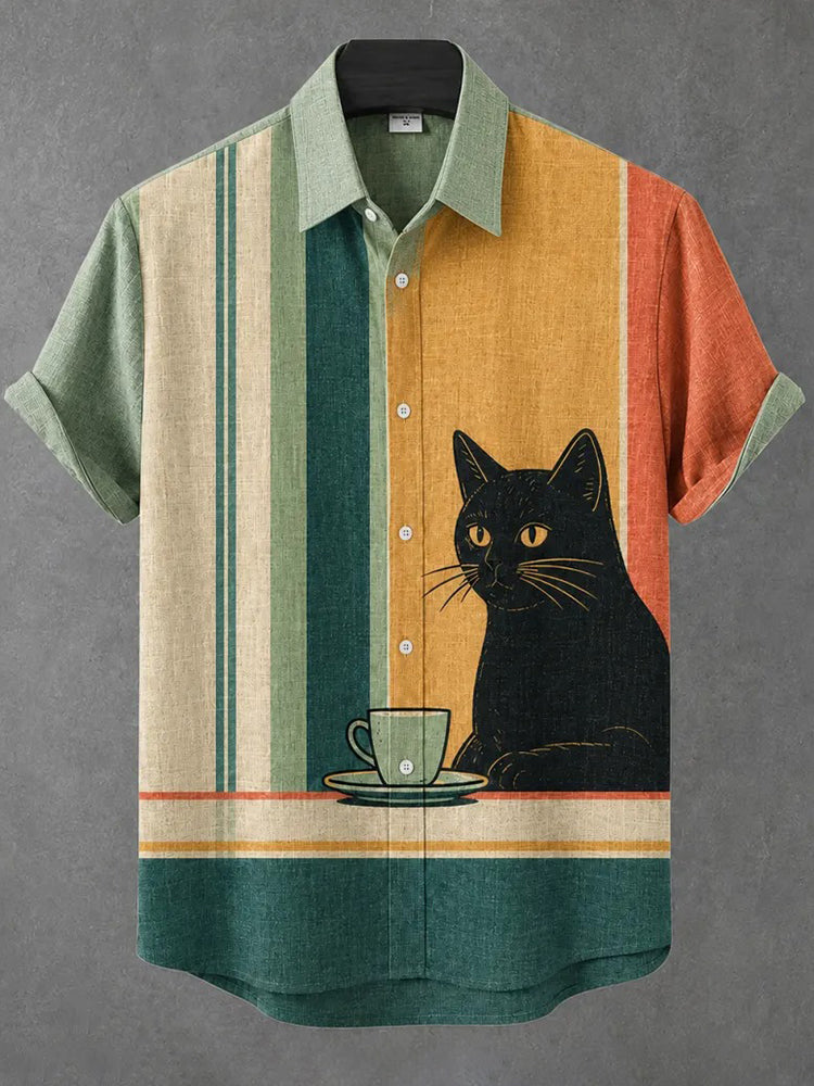 Men's Abstract Black Cat Drinking Tea With Colorful Stripes Vintage Print Casual Shirt