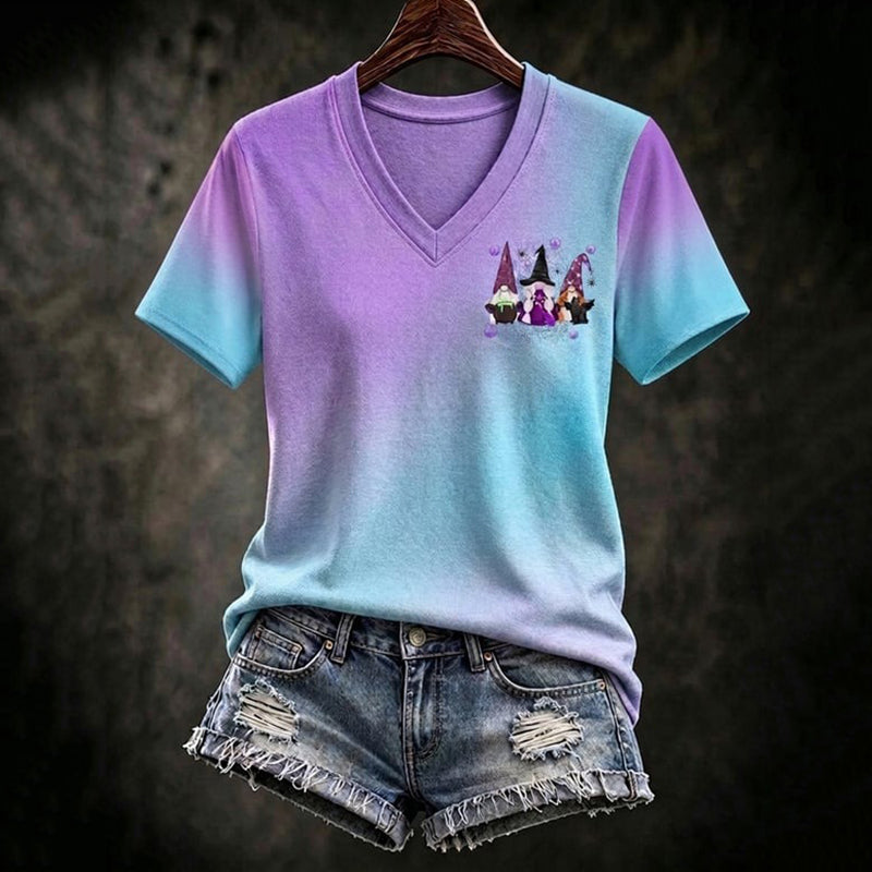 Women's Retro Halloween Gradient Pattern Casual V-neck T-shirt