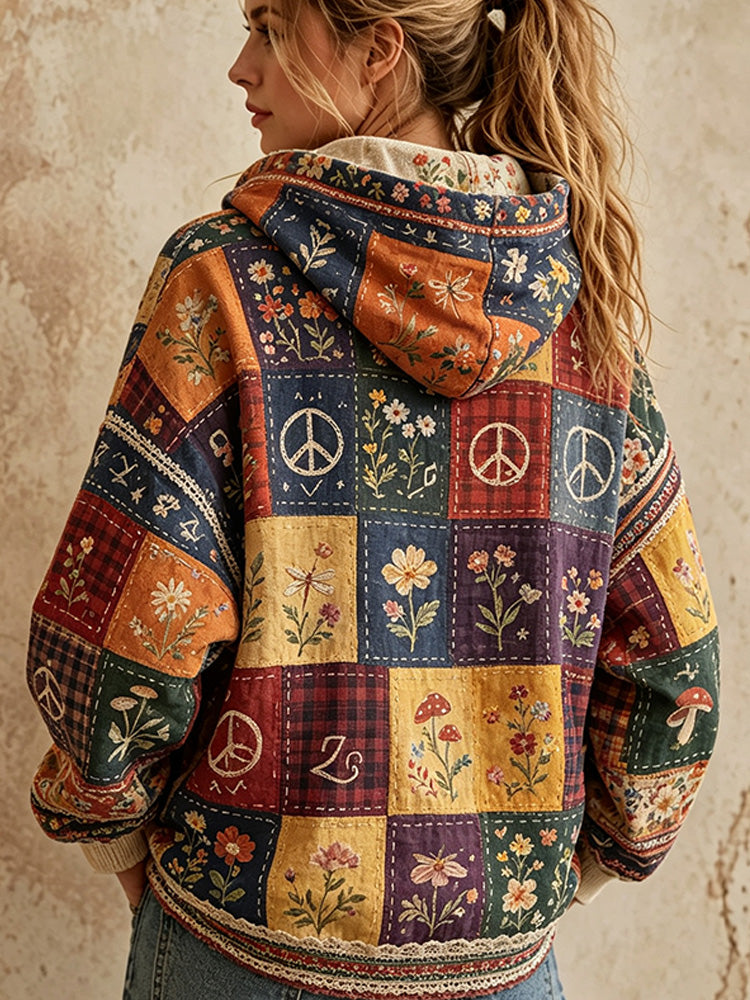 Women's Vintage Peace Sign And Floral Art Patchwork Print Hoodie