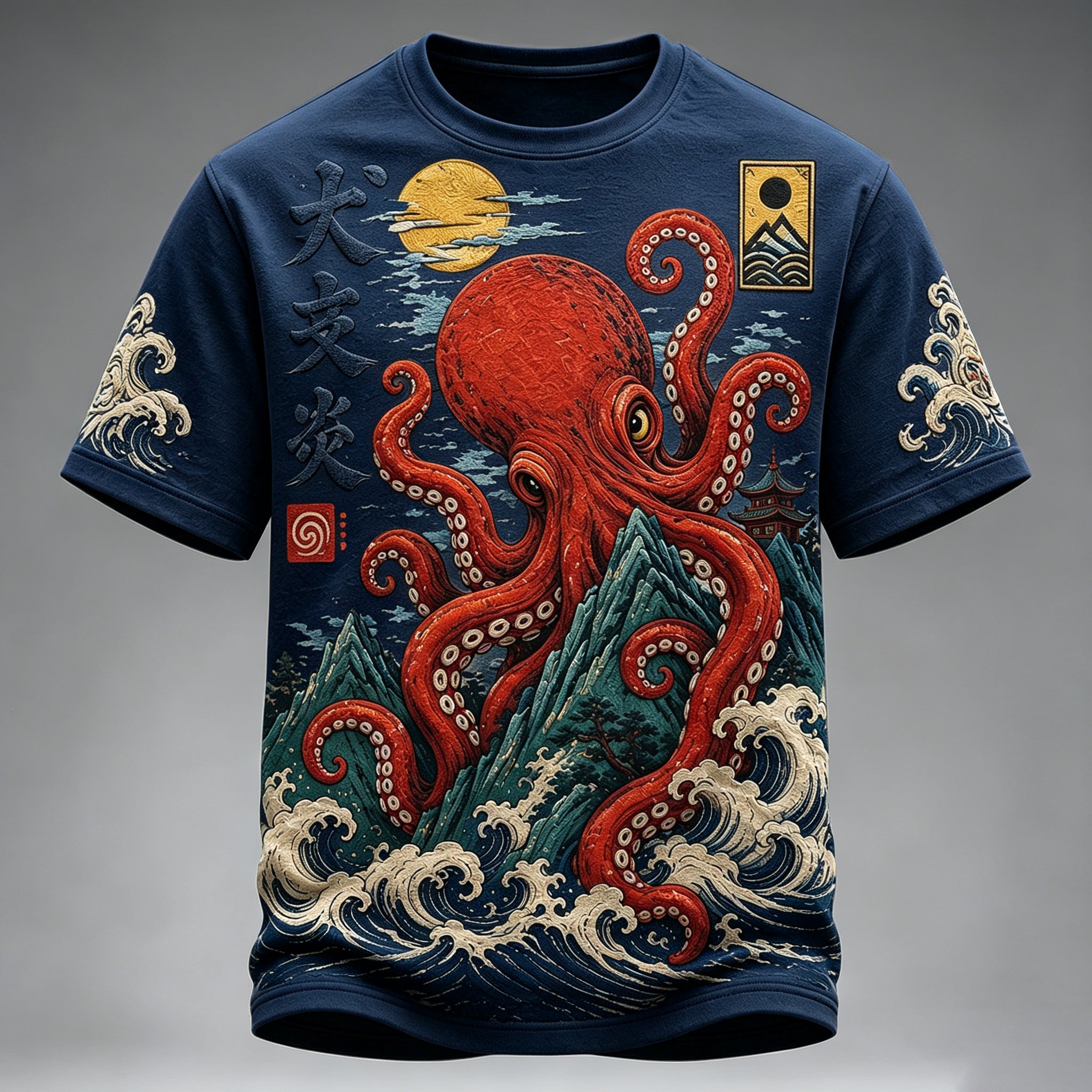 Men's Vintage Japanese Octopus And Wave Art Print Crew Neck Short Sleeve Casual T-shirt