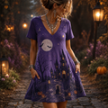 Women's Gothic Purple Halloween Haunted House, Moon And Black Cat Short Sleeve T-shirt Dress