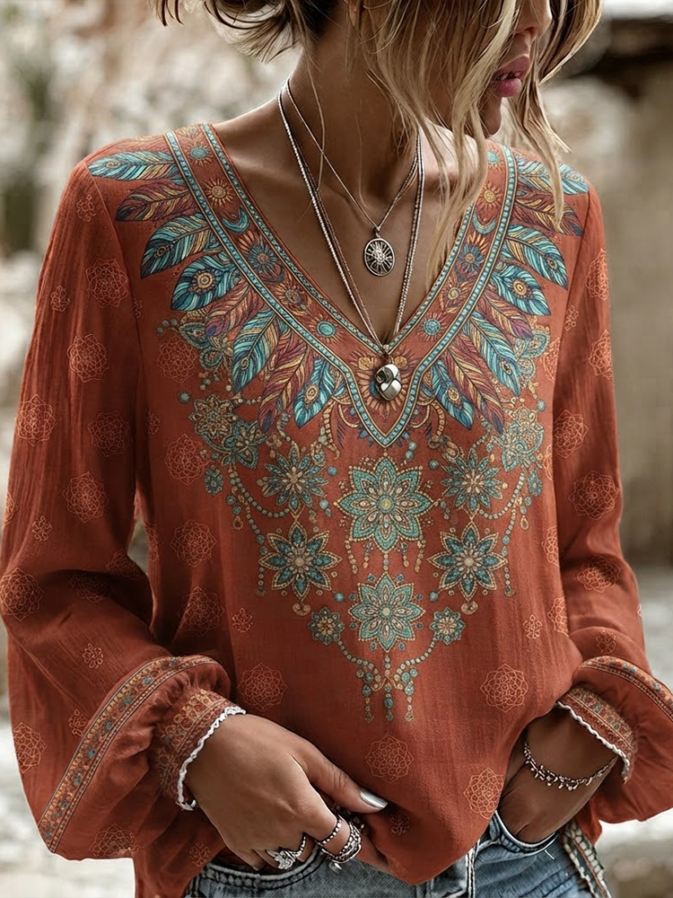 Women's Boho Tribal Feather And Mandala Print Long Sleeve V-neck Blouse