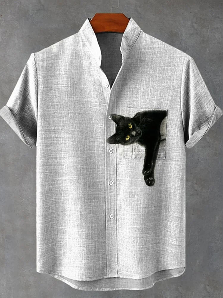 Pocket Black Cat Art Print Casual Cotton Shirt