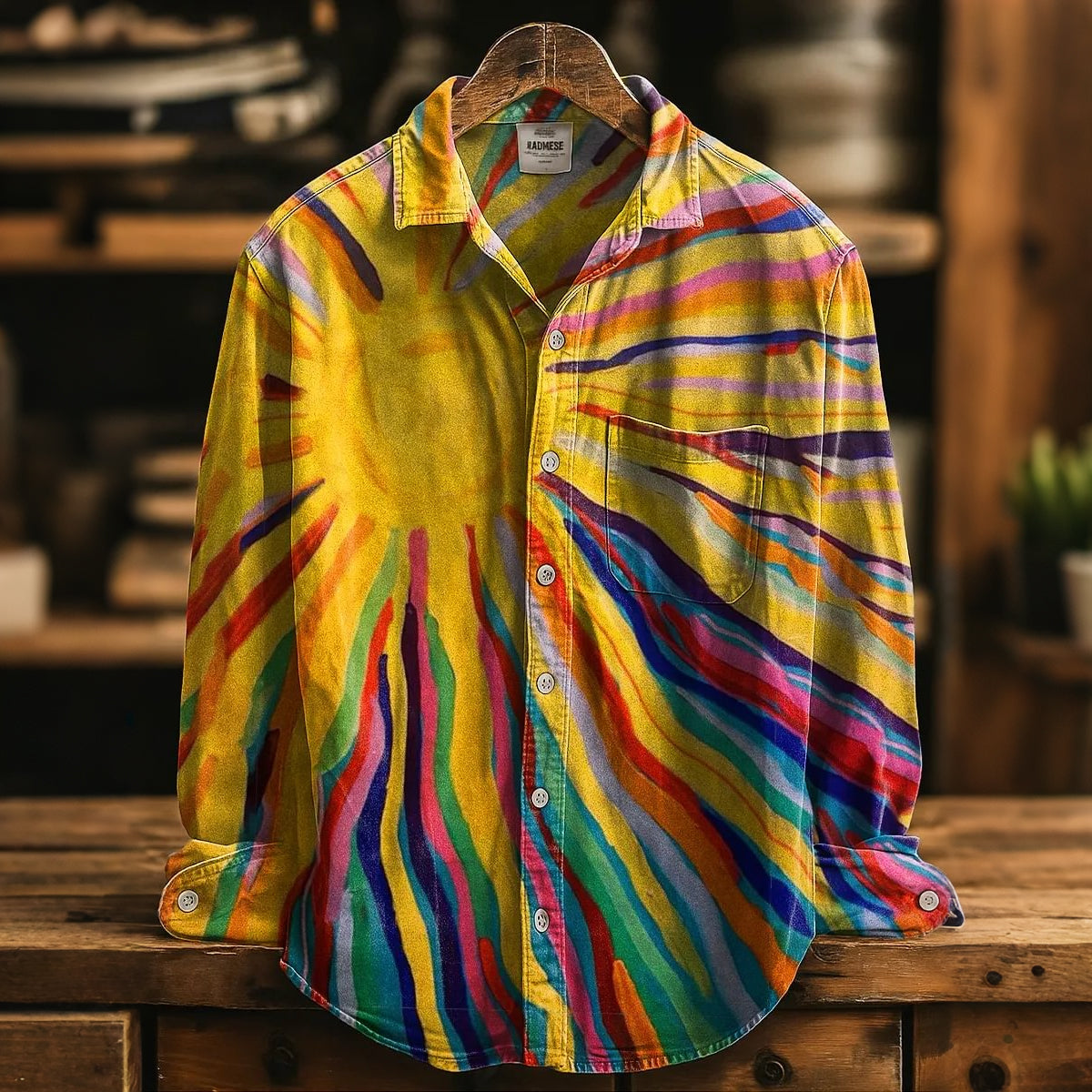 Men's Retro Vacation Sun Multicolor Print Lapel Long-sleeve Cotton Linen Shirt