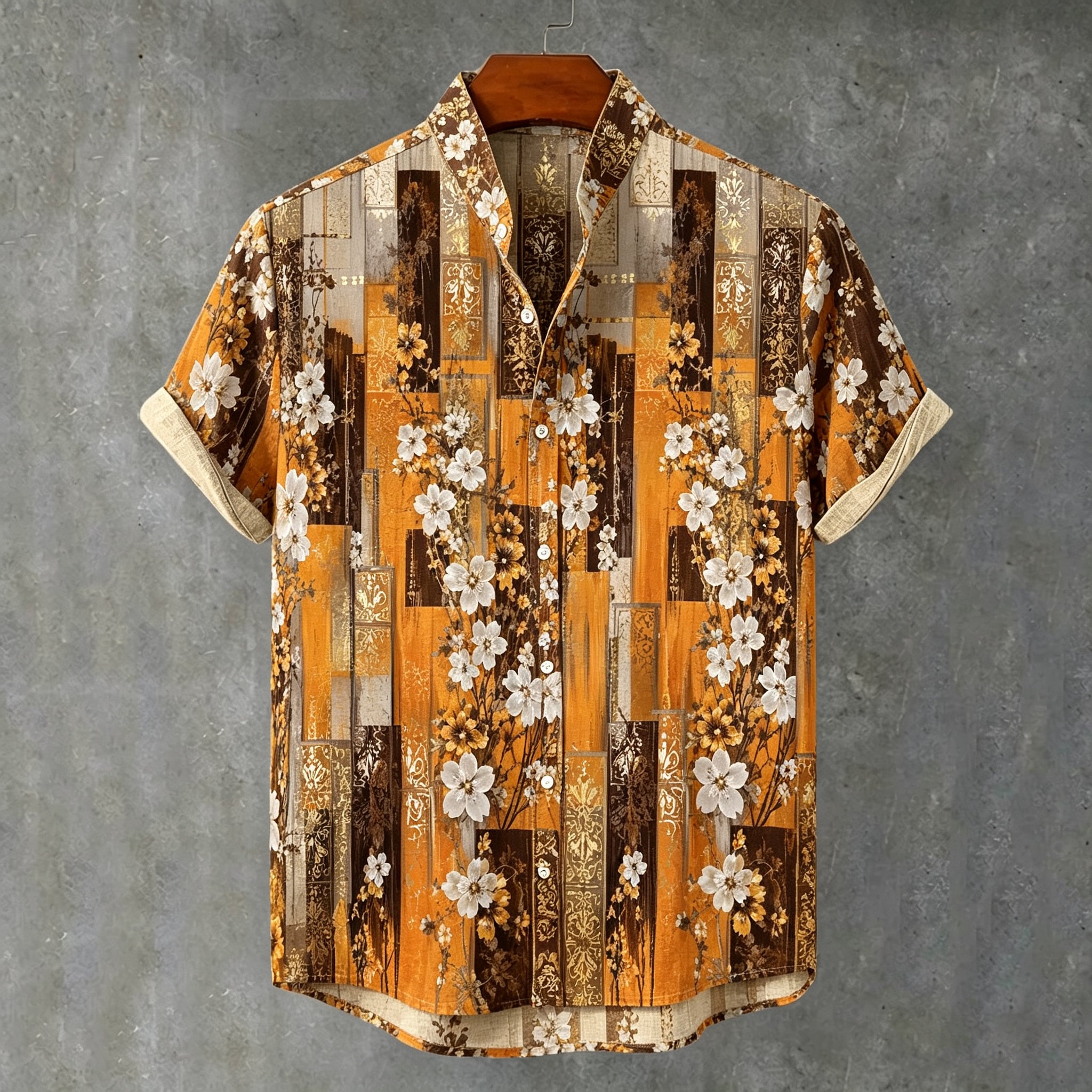 Men's Retro Vacation Color Block Floral Print Short-sleeve Cotton Linen Shirt