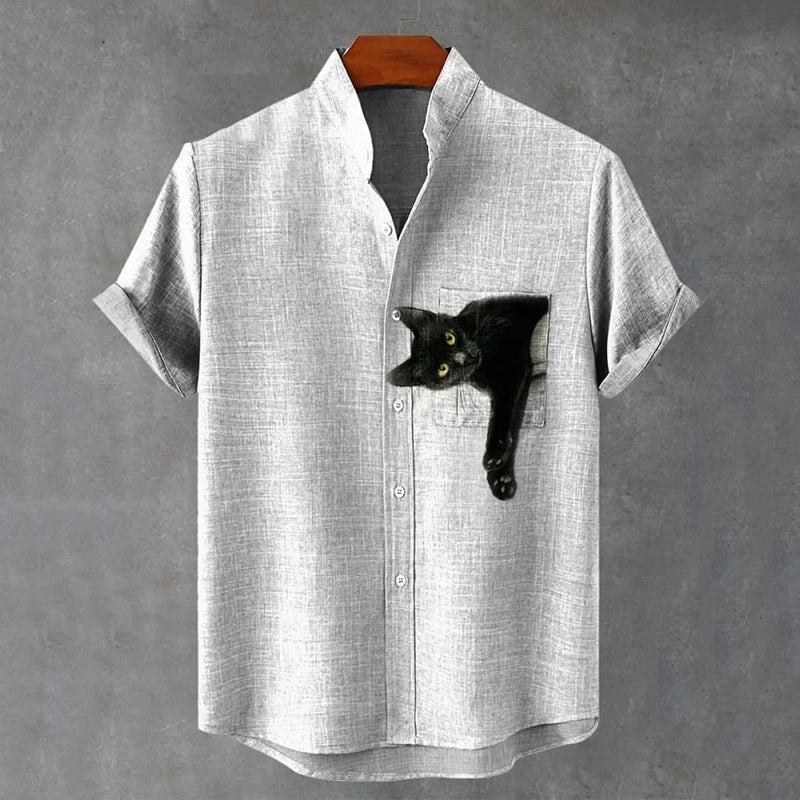 Pocket Black Cat Art Print Casual Cotton Shirt