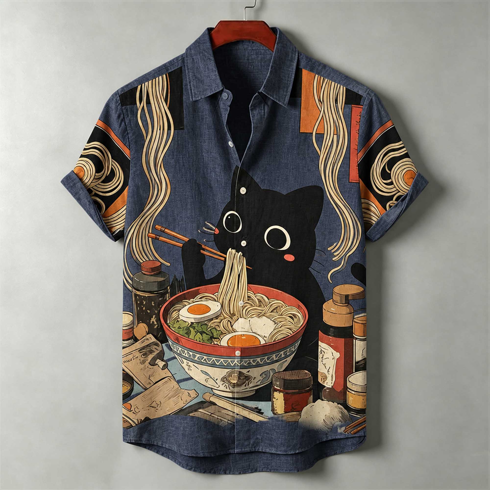 Men's Japanese Ukiyo-e Print Black Cat Eating Ramen Print Casual Loose Short-sleeve Shirt