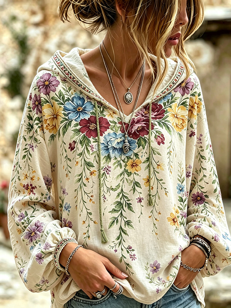 Women's Retro Floral Casual Cotton Linen Hoodie