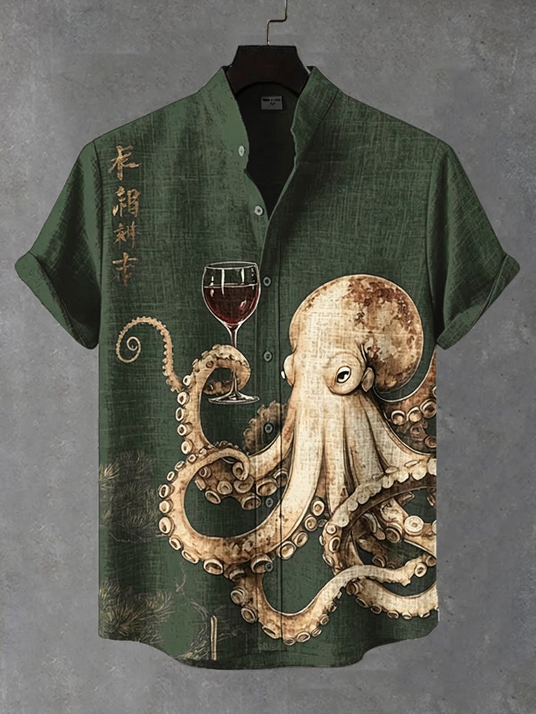Men's Octopus Drinking Red Wine Art Print Casual Shirt