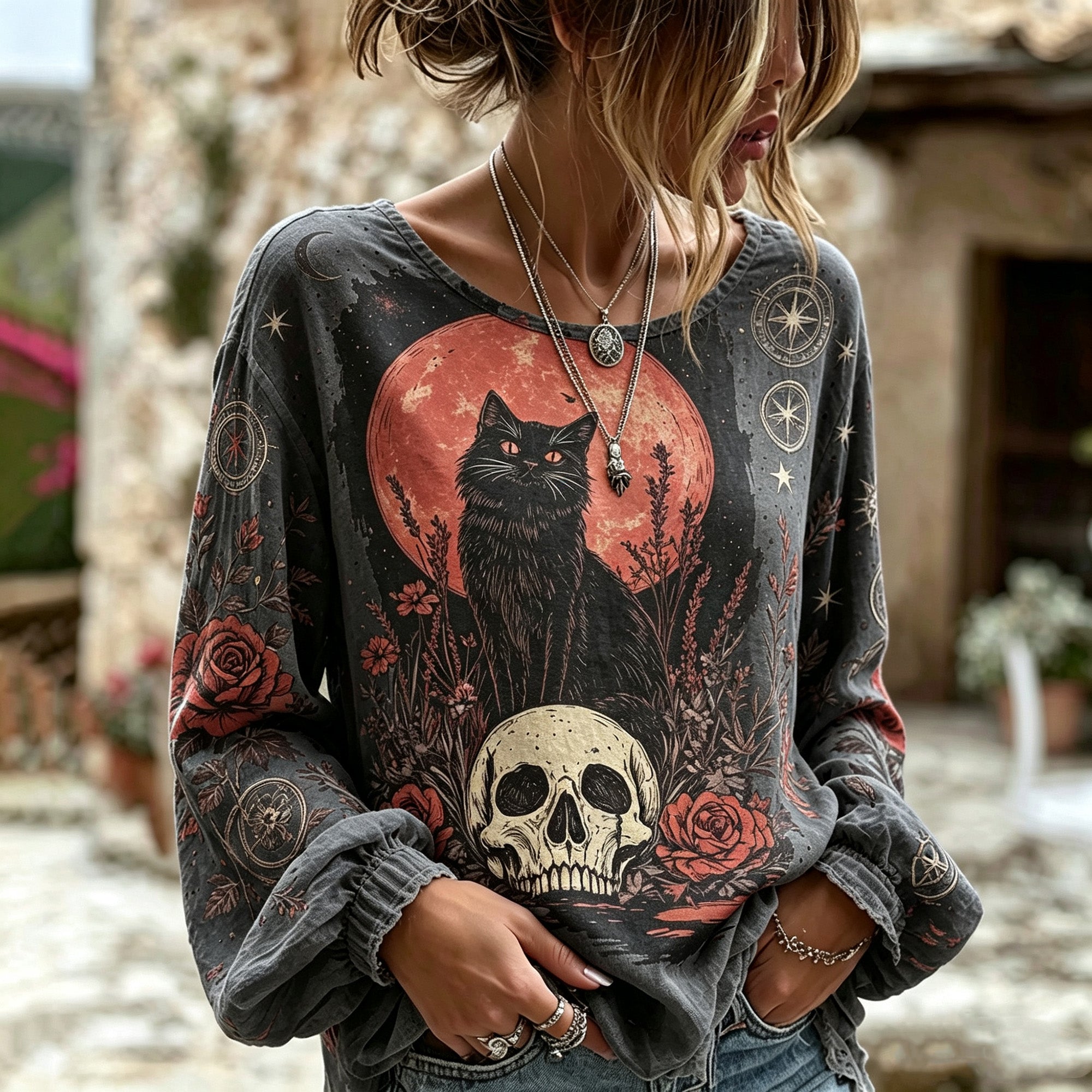 Women's Retro Gothic Style Witch Black Cat Skull Red Moon Print Dark Bohemian Linen Top