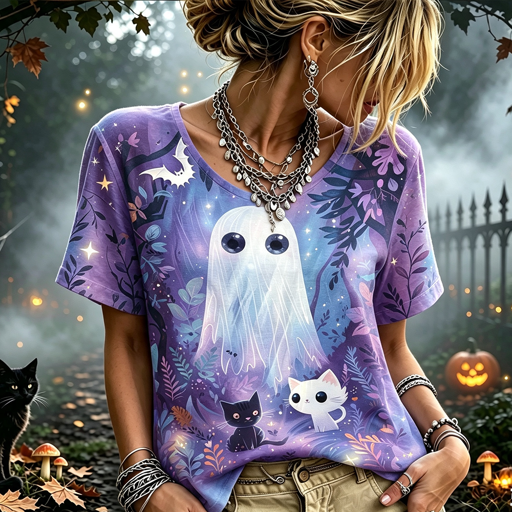 Women's Cute Ghost & Cat Graphic T-shirt - Halloween Spooky V-neck Short Sleeve Tee