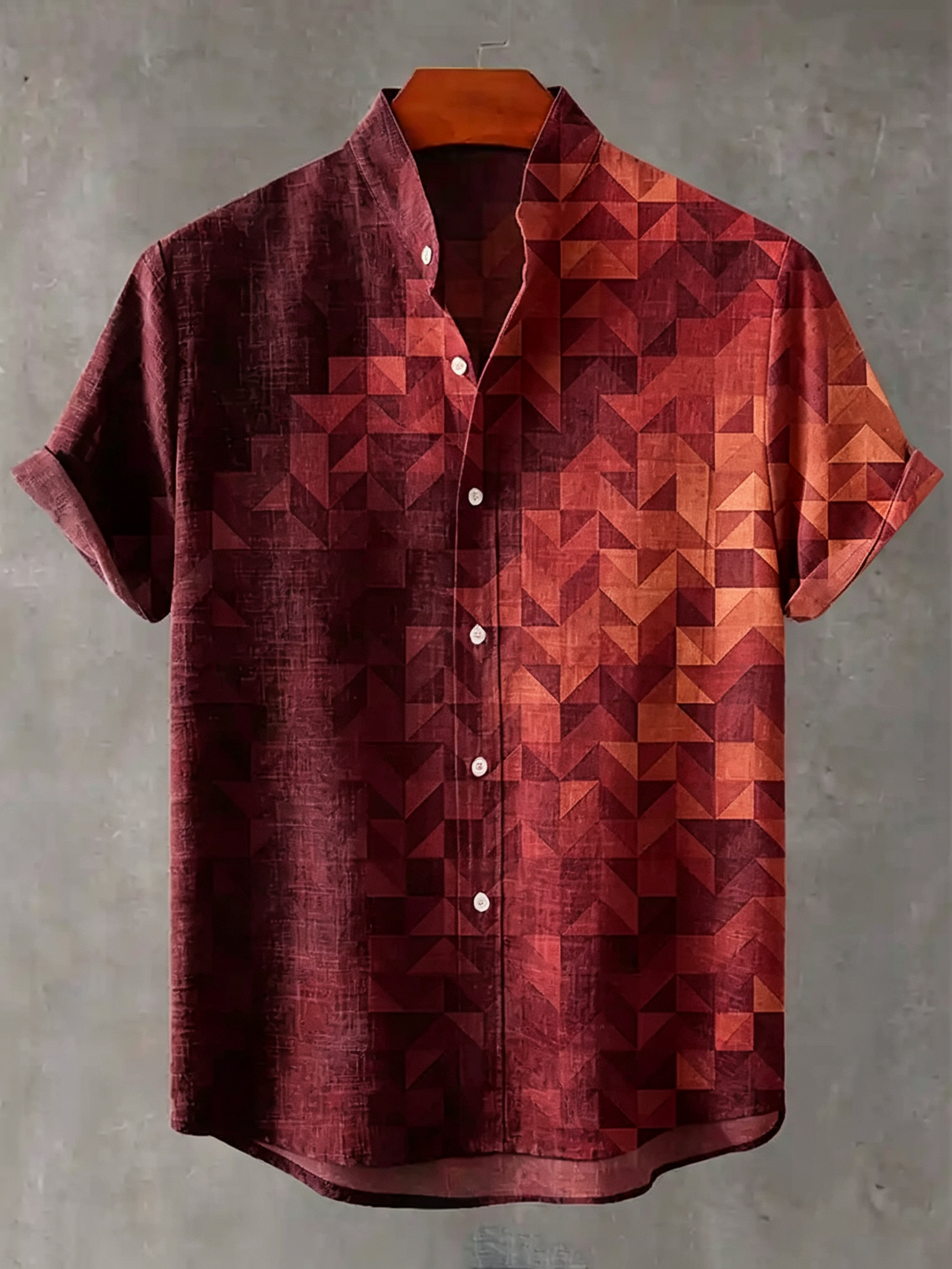 Men's Vintage Green Geometric Gradient Print Linen Blend Short-sleeve Shirt