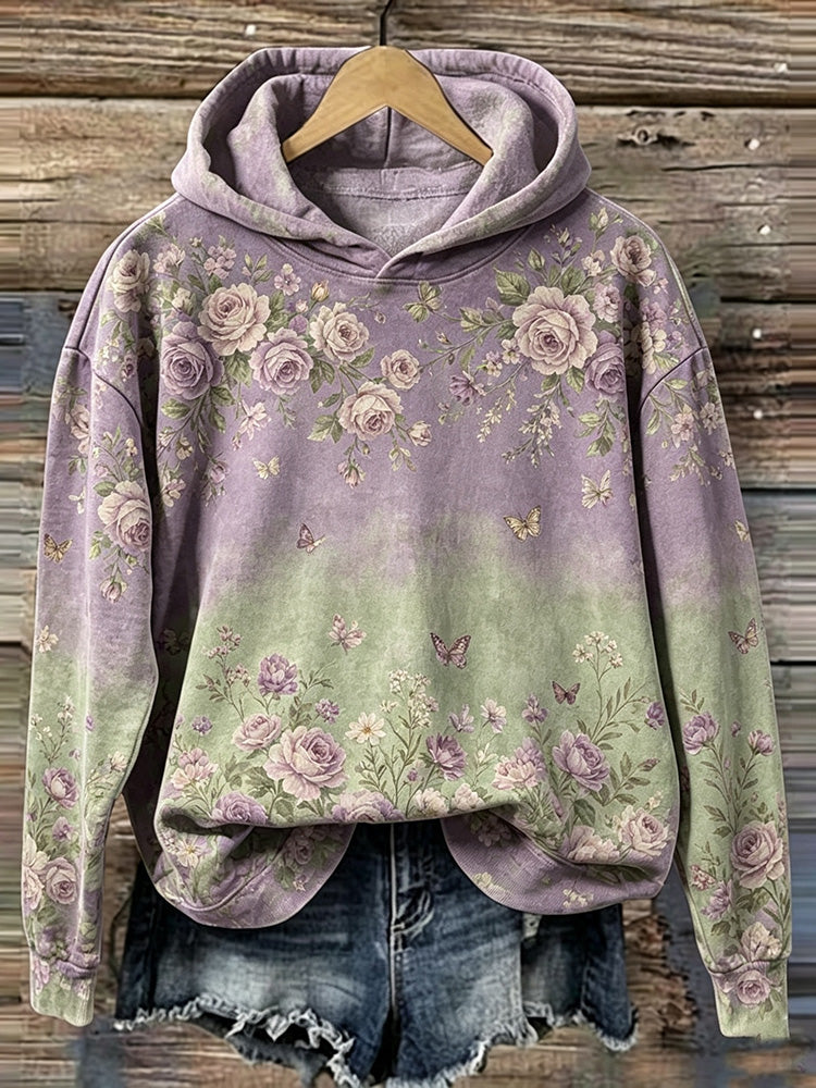 Women's Vintage Rose And Butterfly Art Gradient Casual Hoodie