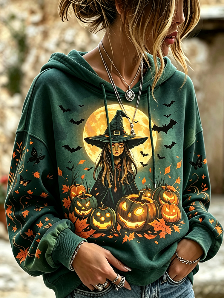 Women's Green Pullover Hoodie With Halloween Witch, Jack-o'-lanterns, Bats, And Autumn Leaves Print