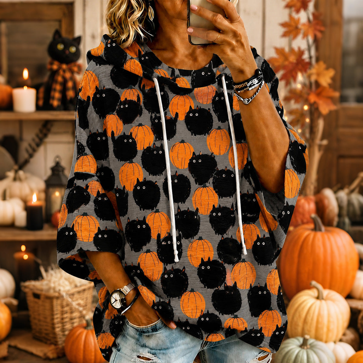 Women's Cute Fall Pumpkin And Black Cats Print Half-sleeve Hoodie