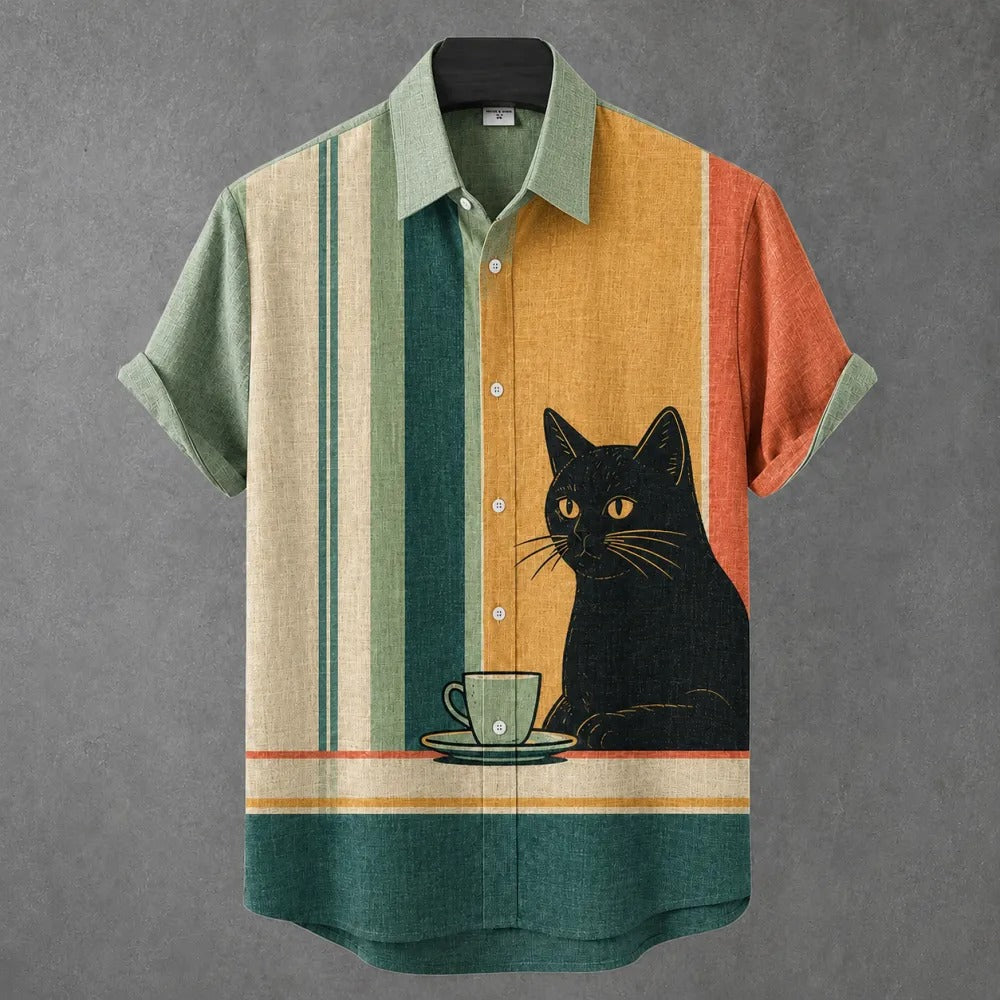 Men's Abstract Black Cat Drinking Tea With Colorful Stripes Vintage Print Casual Shirt