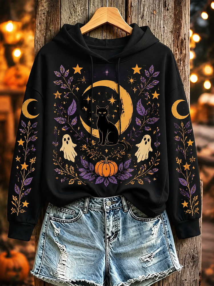 Women's Gothic Black Cute Ghost, Black Cat, Crescent Moon And Star Print Hoodie