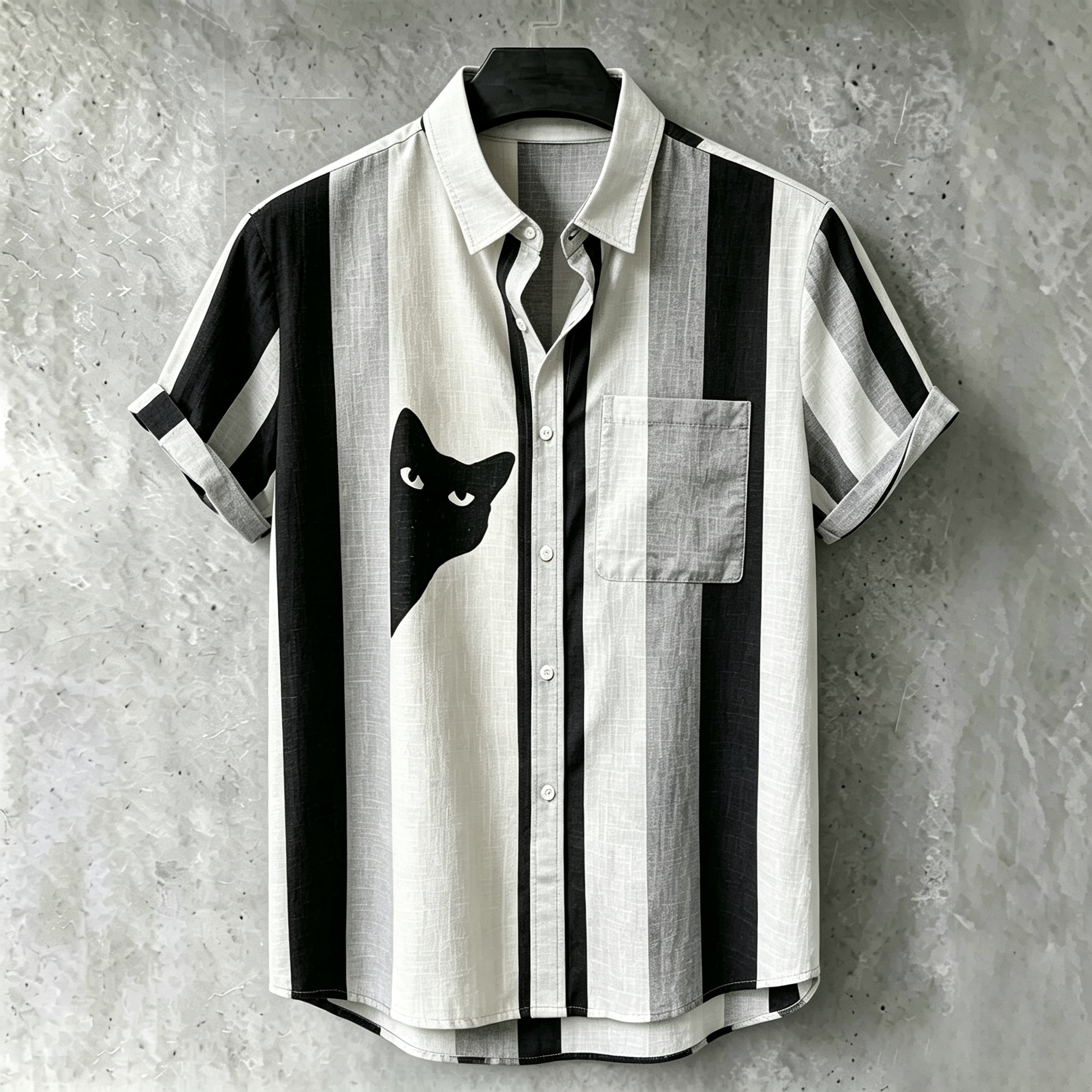 Men's Vintage Black Cat Contrast Stripes Short Sleeve Collared Shirt
