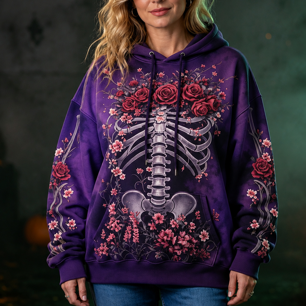 Women's Casual Hoodie Sweatshirt With Purple Rose And Floral Skeleton Graphic Print