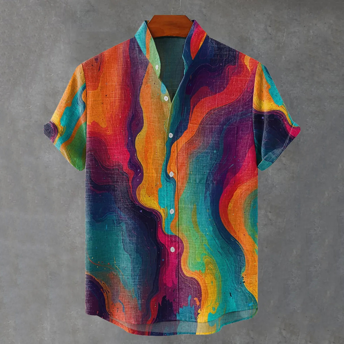 Men's Vintage Colored Print Linen Blend Short-sleeve Shirt