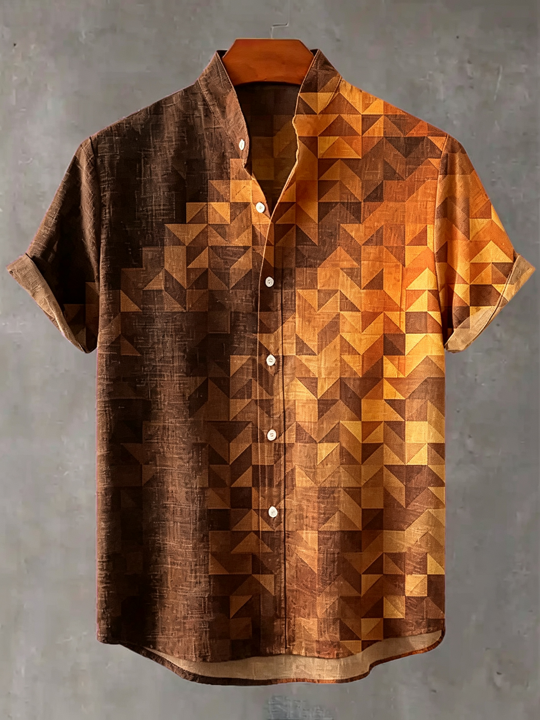 Men's Vintage Green Geometric Gradient Print Linen Blend Short-sleeve Shirt