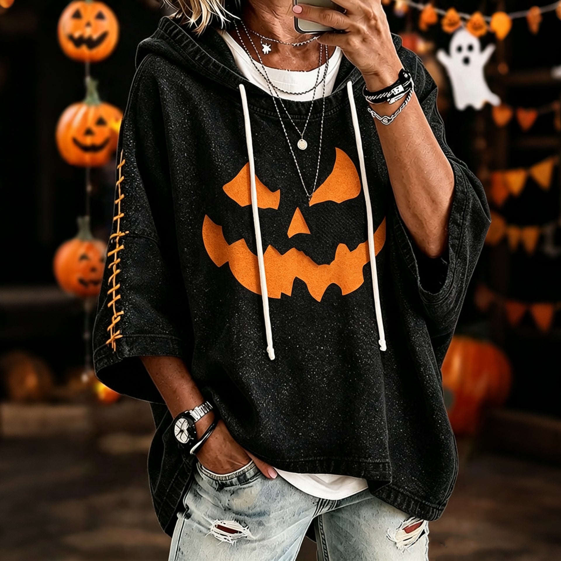 Women's Retro Halloween Pumpkin Smiley Face Print Casual Hoodie