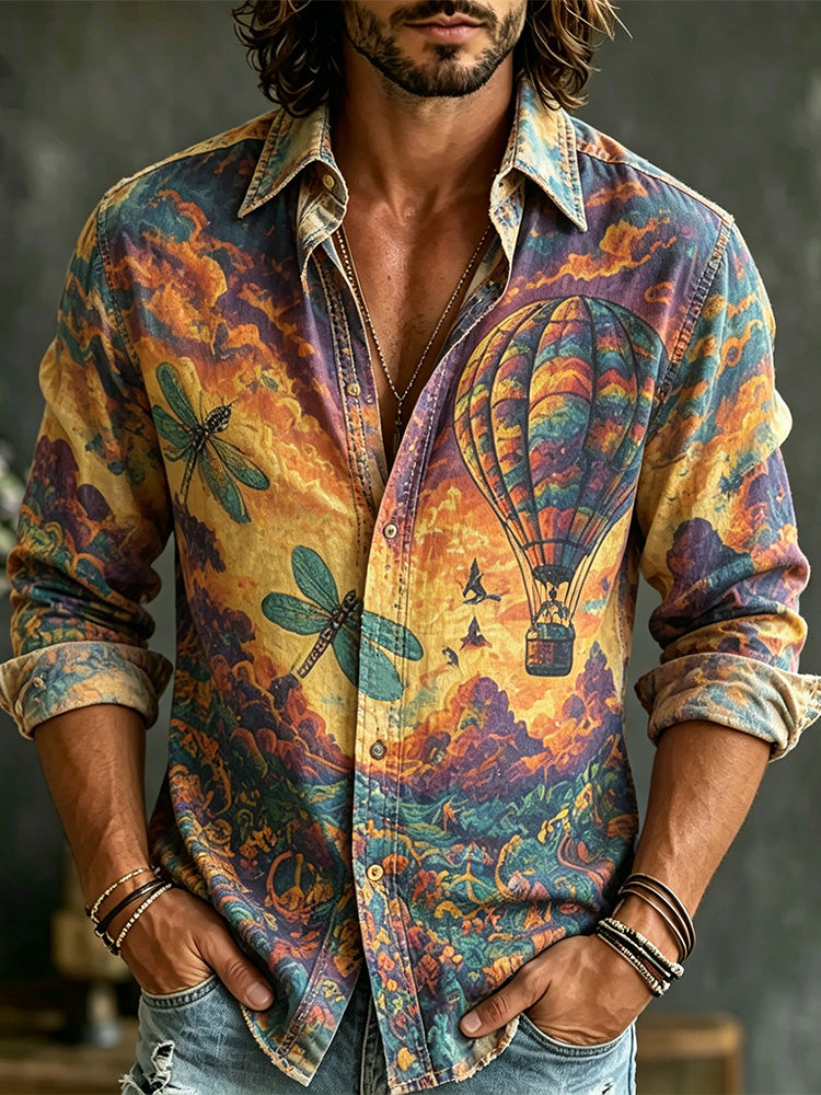 Men's Vintage Hippie Hot Air Balloon Dragonfly Psychedelic Landscape Print Long Sleeve Button Down Shirt