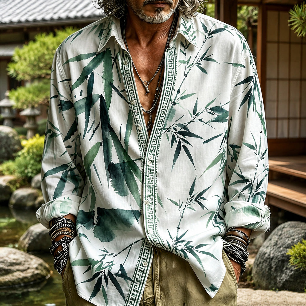 Men's Retro Japanese Bamboo Print Cotton Linen Shirt