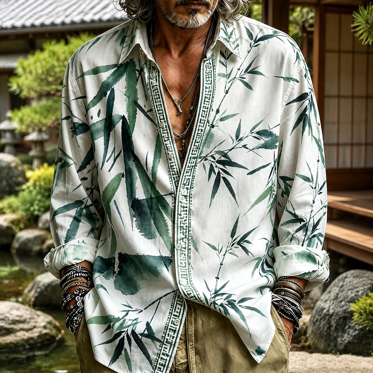 Men's Retro Japanese Bamboo Print Cotton Linen Shirt