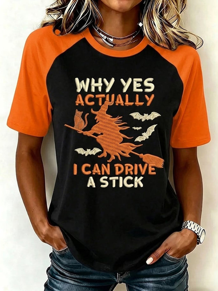 Women's Retro Halloween Theme Pattern I Can Drive A Stick Print Short-sleeve T-shirt