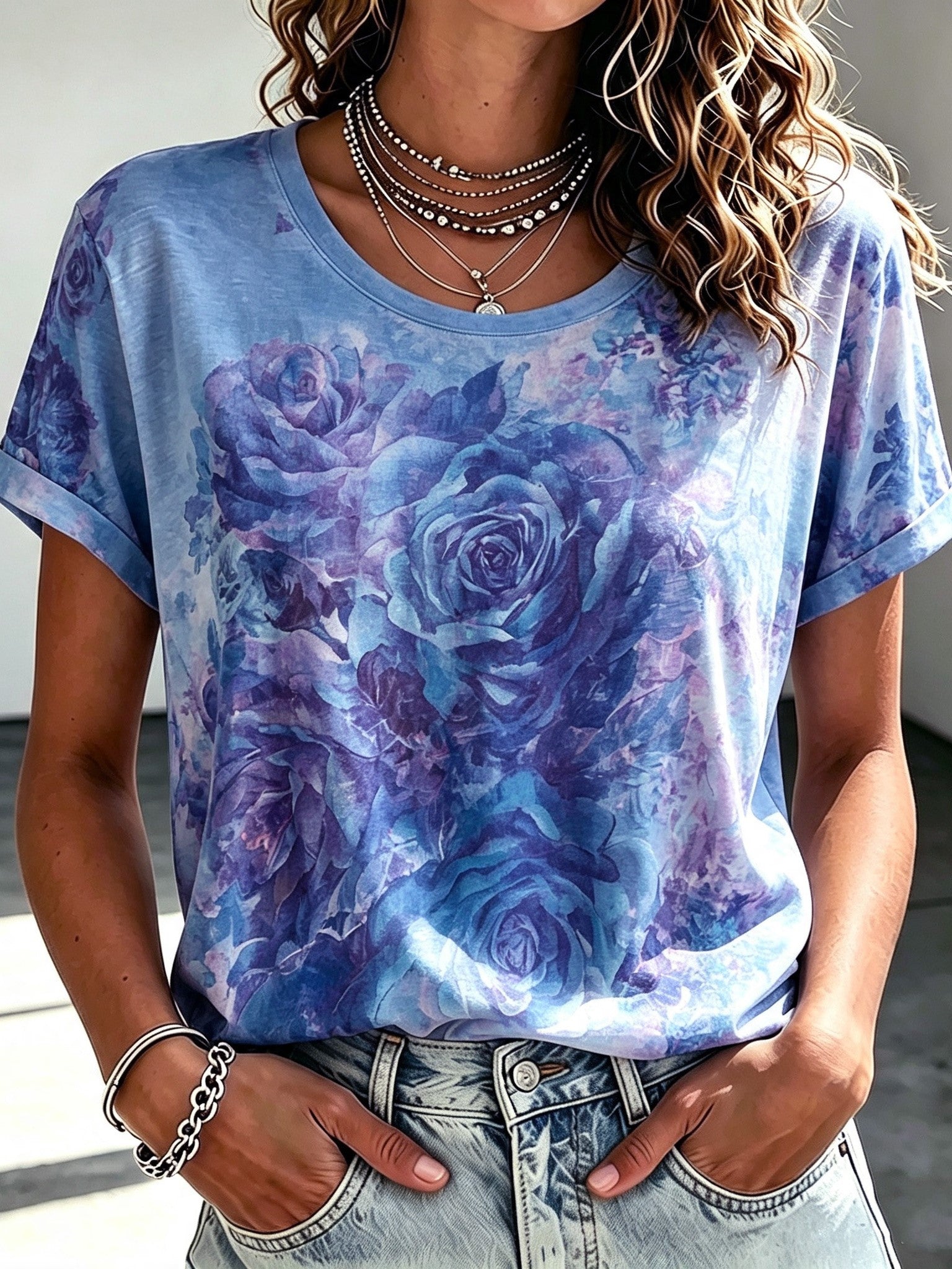 Women's Retro Bohemian Floral Rose Print Cotton Linen T-shirt