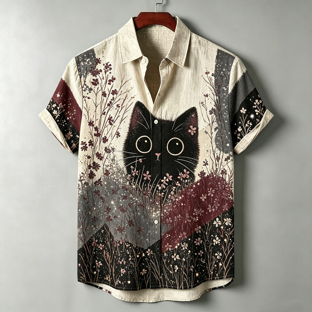 Vintage Black Cat Wild Flower Forest Print Linen Short Sleeve Button Shirt