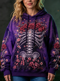 Women's Casual Hoodie Sweatshirt With Purple Rose And Floral Skeleton Graphic Print