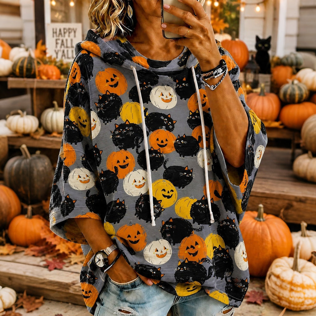 Women's Cute Fall Pumpkin Black Cats Print Casual Half-sleeve Hoodie