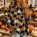Women's Cute Fall Pumpkin Black Cats Print Casual Half-sleeve Hoodie