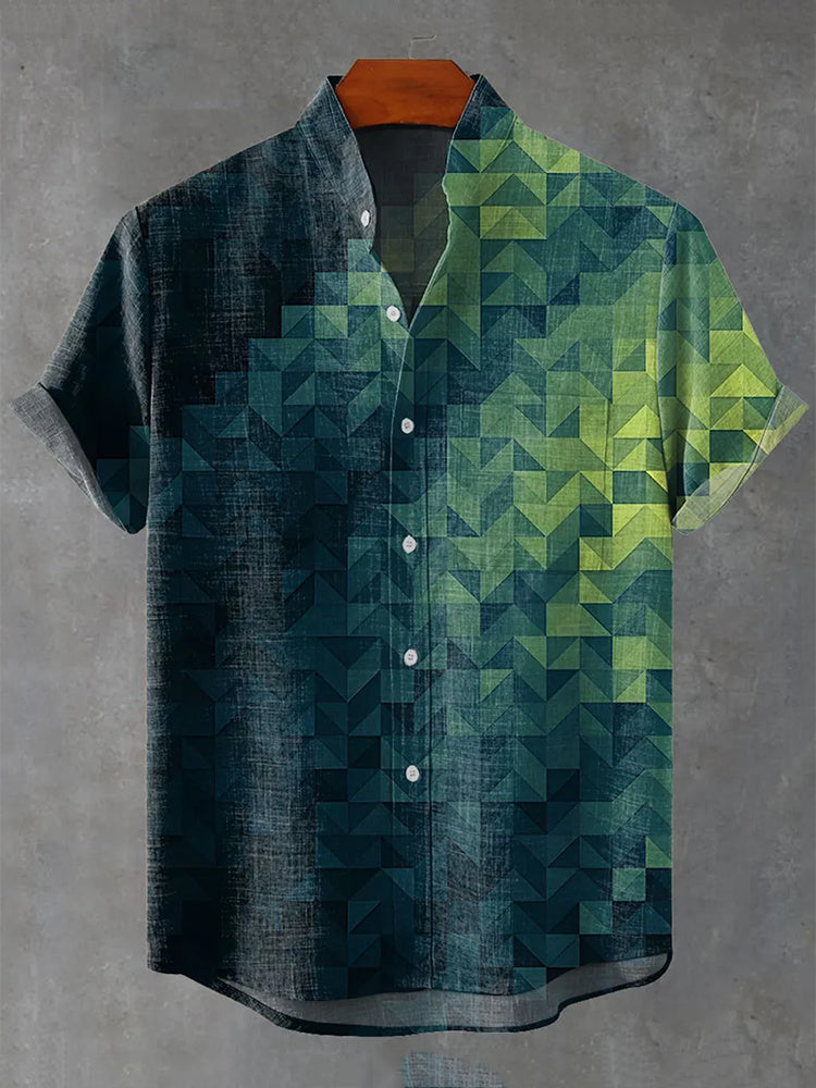 Men's Vintage Green Geometric Gradient Print Linen Blend Short-sleeve Shirt