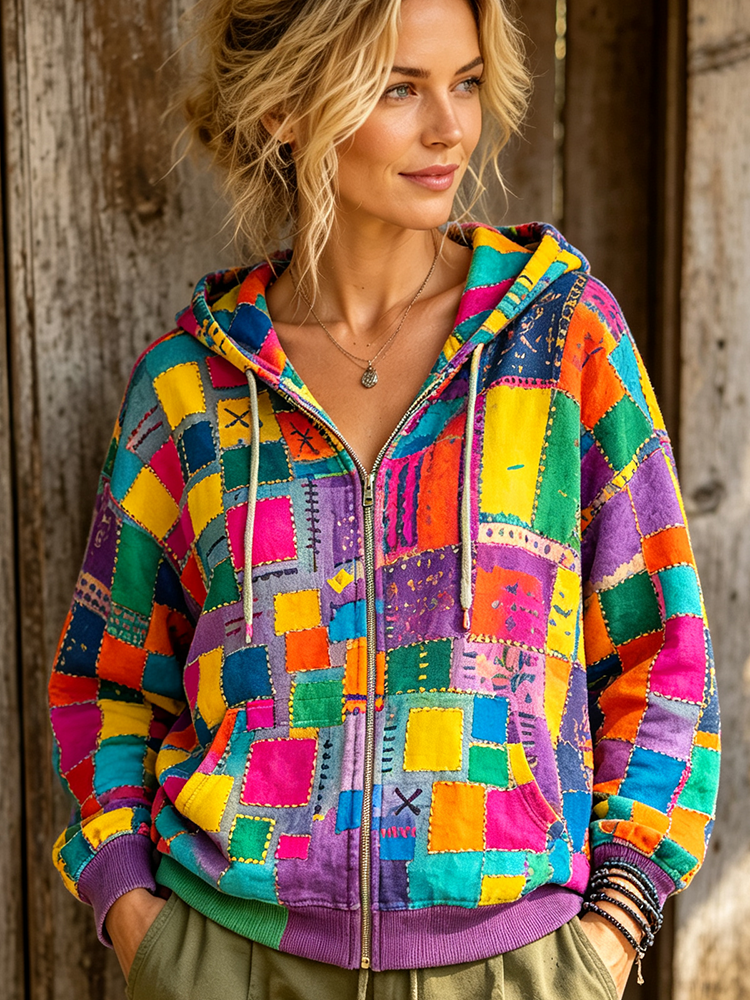 Women's Full-zip Hoodie Sweatshirt With Colorful Patchwork And Stitched Details